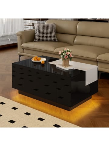 ABRIHOME Ausziehbarer Couchtisch mit LED einstellbarem Lichtband und Stauraum, Schwarz