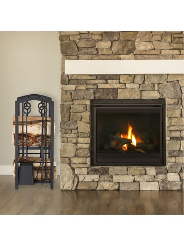 relaxdays Kaminholzregal mit 4tlg. Kaminbesteck in Schwarz