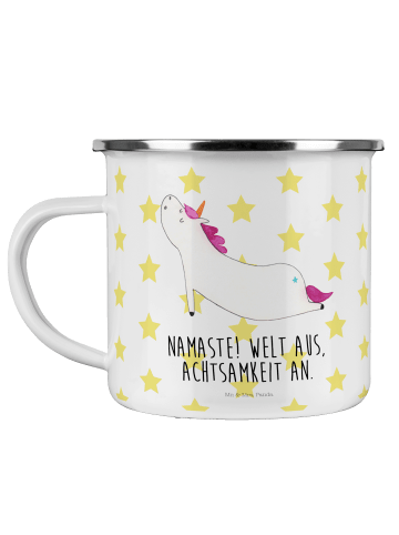 Mr. & Mrs. Panda Camping Emaille Tasse Einhorn Yoga mit Spruch in Weiß