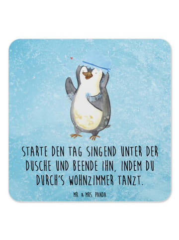 Mr. & Mrs. Panda Tischuntersetzer Pinguin Duschen mit Spruch in Eisblau