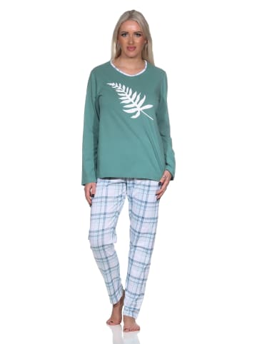 NORMANN Damen Schlafanzug langarm in tollen Farben mit Karo-Muster - 86312 in blau