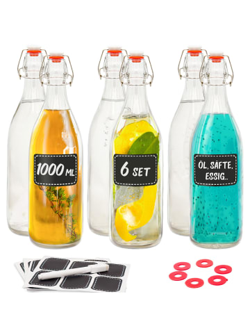 Praknu 6 Glasflaschen mit Bügelverschluss 1000ml - 6 Extra Dichtungen - 12