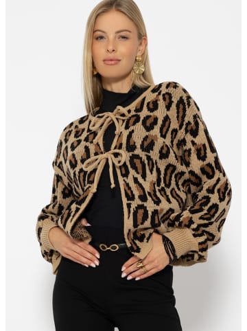 SASSYCLASSY Leopard-Cardigan mit Bindeschleife in Beige