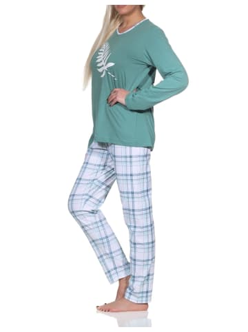 NORMANN Damen Schlafanzug langarm in tollen Farben mit Karo-Muster - 86315 in blau