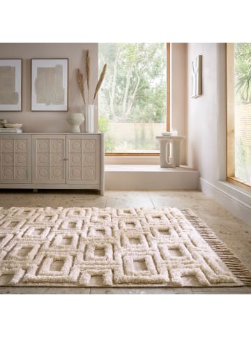 KADIMA DESIGN Wollteppich, Hoch-Tief Struktur Geometrisch, mit Fransen, Wohnzimmer in Beige