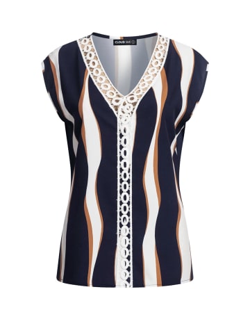 Cloud5ive Cloud5ive V-Neck Top mit Häkelbordüre und Wellen Print in white/navy