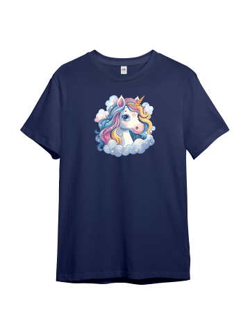 PAULGOS Kinder T-Shirt, Einhorn auf Wolke in Navi-Blau