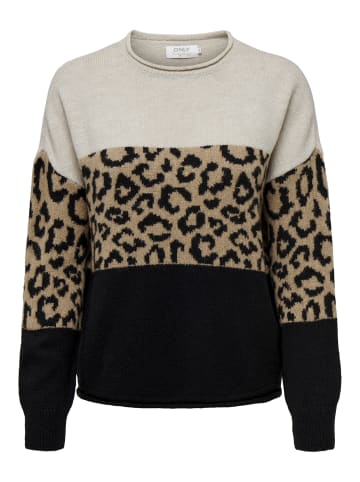 ONLY Eleganter Pullover mit modernem Animal-Print und Farbblock-Design in Braun