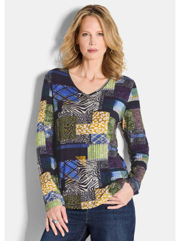 GOLDNER Kurzgröße: Langarm Viskose-Shirt mit V-Ausschnitt in marine / gemustert