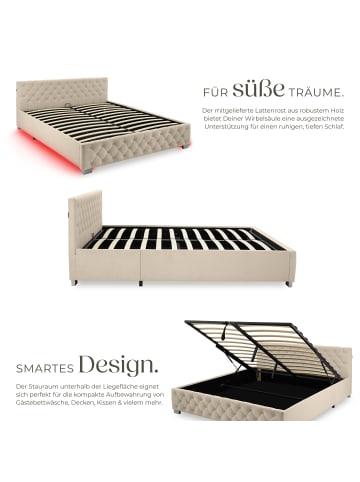 tectake Komfortbett mit LED-Leisten & Stauraum - Samtoptik mit Steppmuster