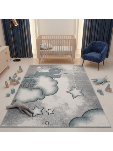 KADIMA DESIGN Kinderteppich Waschbar Bär TASNA Strapazierfähig OEKO-TEX Kinderzimmer in Blau