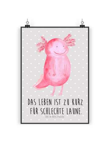 Mr. & Mrs. Panda Bild Axolotl Glücklich mit Spruch in Grau Pastell