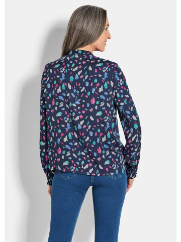 GOLDNER Elegante Satinbluse mit Smok-Details in marine / smaragd / gemustert