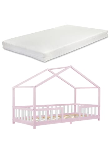 en.casa Kinderbett Treviolo mit Matratze in Rosa Weiß (L)200cm (B)90cm