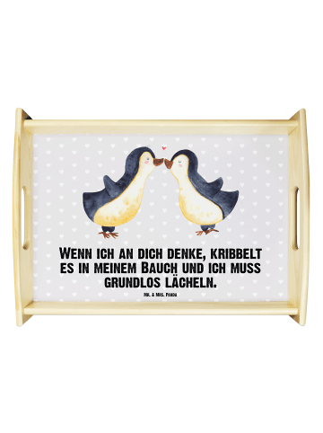 Mr. & Mrs. Panda Servierplatte Holz Pinguine Kuss mit Spruch in Grau Pastell