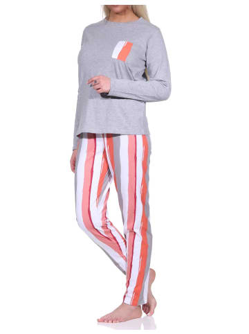 NORMANN Schlafanzug lang Farbzusammenspiel Blumen Streifen - 79811 in grau