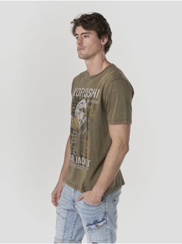 KOROSHI Crew cotton print-emb washed t-shirt in khaki