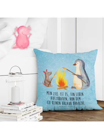 Mr. & Mrs. Panda Dekokissen Pinguin Lagerfeuer mit Spruch in Eisblau