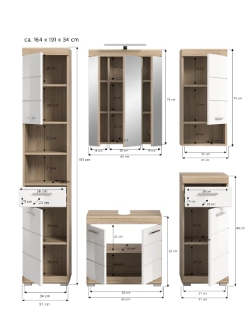 xonox.home Badkombination in Sonoma Eiche/weiß hochglanz  - (B) 164 x (H) 191 x (T) 34
