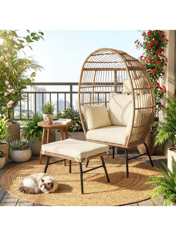 COSTWAY Gartensessel mit Kissen und Hocker in Hellbraun