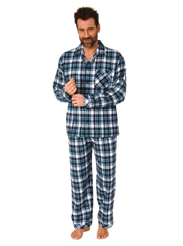 NORMANN Flanell Schlafanzug lang durchknöpfbare Pyjama Karo in marine