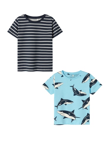 name it T-Shirt 2er-Set Kurzarm Normal geschnitten Rundhals in Dunkelblau-Hellblau