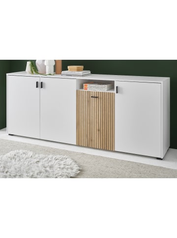 Furn.Design Sideboard weiß matt, Eiche 200 cm, Kommode mit 12 Fächern und Soft-Close