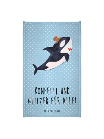Mr. & Mrs. Panda Handtuch Orca Zylinder mit Spruch in Blau Pastell