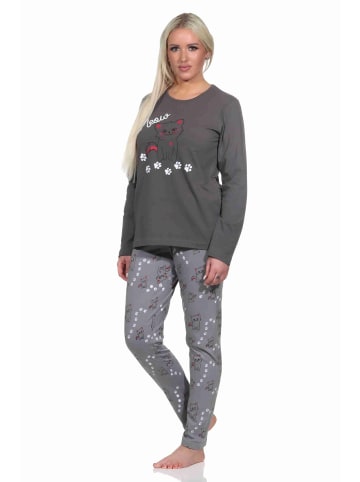 NORMANN Schlafanzug lang Pyjama Katzen - 77390 in grau