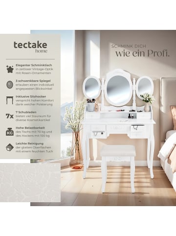 tectake Frisiertisch mit 7 Schubladen, Spiegel und Hocker im Antik Look