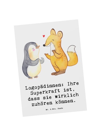 Mr. & Mrs. Panda Postkarte Logopädin Superkraft mit Spruch in Weiß