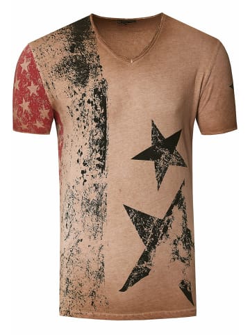 Rusty Neal USA T-Shirt Stars and Stripes V-Neck im Used-Look in Camel