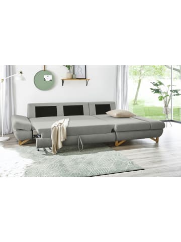 Furn.Design Ecksofa hellgrau Velours, Sofa mit Bettfunktion und Stauraum 284 cm