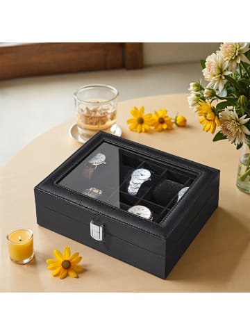 SONGMICS Uhrenbox in PU-Bezug in Schwarz - (B)25.5 x (H)7.8 x (T)20.2 cm