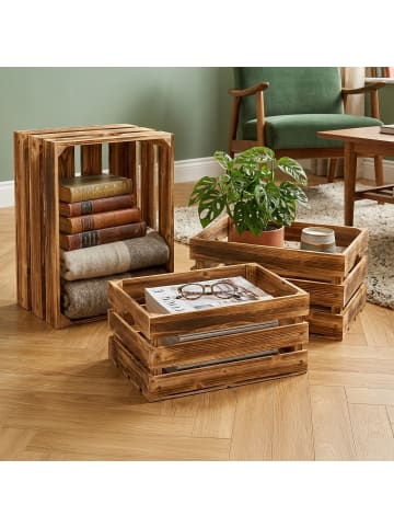relaxdays 3 x Holzkiste "geflammt" in Braun - (B)40 x (H)25 x (T)30 cm