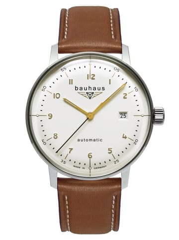 Bauhaus Herren-Armbanduhr Automatik mit Lederband Creme / Braun / Silber