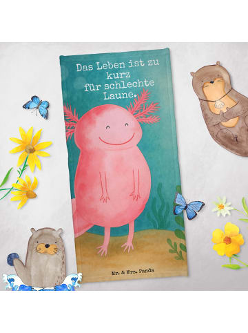 Mr. & Mrs. Panda Badetuch Axolotl Glücklich Design mit Spruch in Grau Pastell