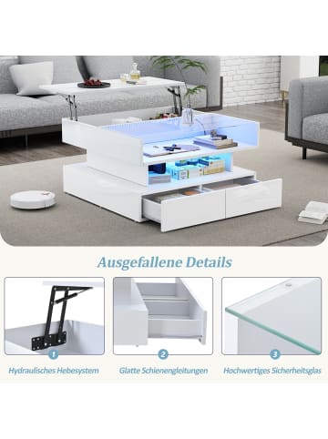 ABRIHOME Couchtisch Höhenverstellbarer mit Stauraum und LED in Weiß, 80*80*45cm