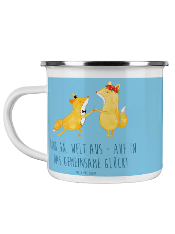 Mr. & Mrs. Panda Camping Emaille Tasse Verlobung Glück mit Spruch in Sky Blue