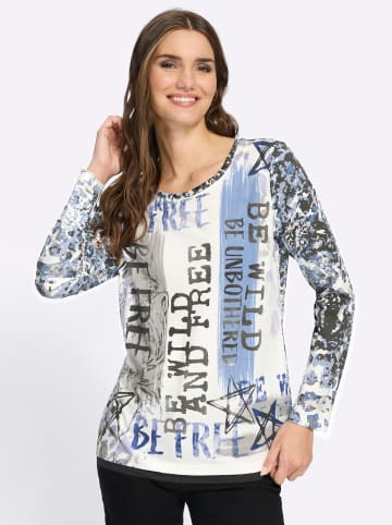 Sieh an! Langarm-Shirt in ecru-mittelblau-bedruckt