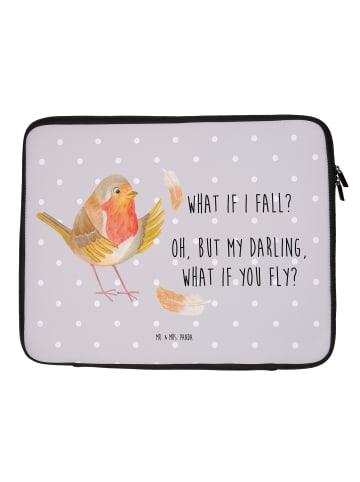 Mr. & Mrs. Panda Laptop Tasche Rotkehlchen Federn mit Spruch in Grau Pastell