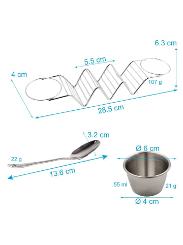 Intirilife Taco Halter Edelstahl mit 2 Soßenbecher Löffel in Silber