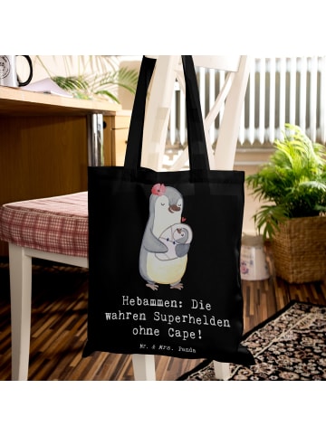 Mr. & Mrs. Panda Tragetasche Hebamme Superheld mit Spruch in Schwarz