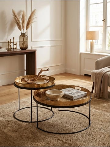 KADIMA DESIGN Couchtisch 2er Set Gold / Schwarz Metall Hammerschlag Satztisch Rund, in Gold