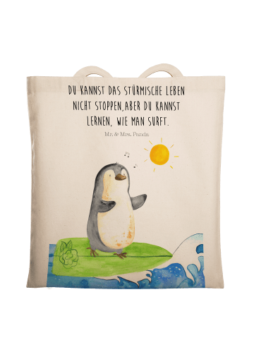 Mr. & Mrs. Panda Henkeltasche Pinguin Surfer mit Spruch in Creme