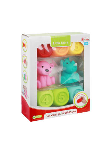 Toi-Toys LITTLE STARS - 6 Baby Quietsch-Stapelblöcke und 2 Gummitiere in mehrfarbig
