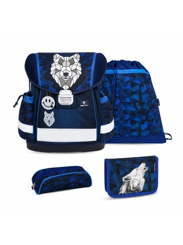 Belmil 4tlg-Set: Schulranzen Set Classy Wolf Mosaic Grey in Blau H36xL32xT19 cm