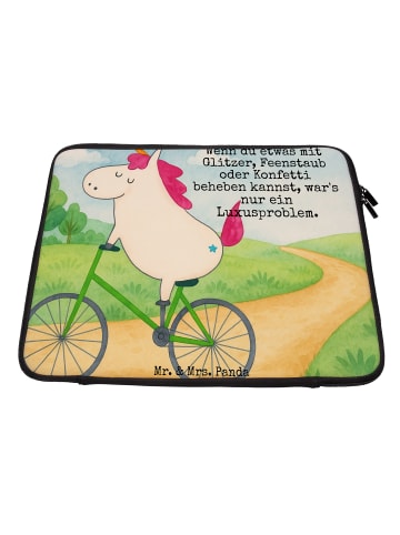 Mr. & Mrs. Panda Laptop Tasche Einhorn Radfahrer Design mit Spruch in Weiß