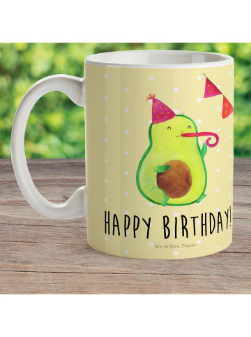 Mr. & Mrs. Panda Camping Tasse Avocado Geburtstag mit Spruch in Gelb Pastell