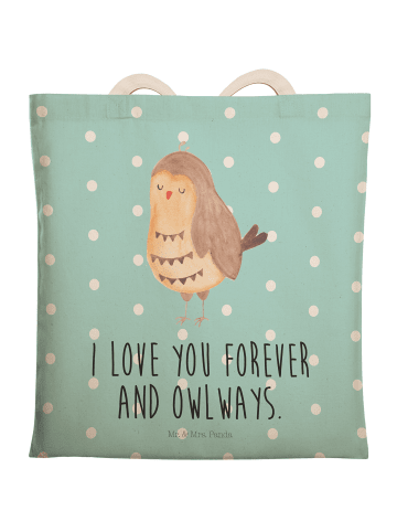 Mr. & Mrs. Panda Stofftragetasche Eule Zufrieden mit Spruch in Türkis Pastell